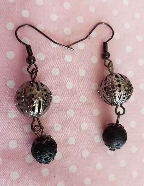Earrings, Black Lava Beads, Black Nickel Findings And Ear Hooks, 48mm