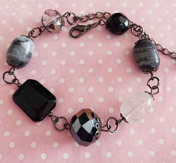 Bracelet, Shades Of Black Semi-Precious+Crystal Beads, Black Nickel Findings, 20.5cm + 7cm Chain