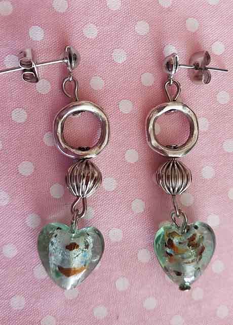 Earrings, Green Heart Foil Beads, Nickel Findings And Ear Studs,  45mm, 2pc
