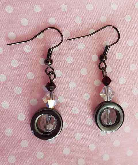 Earrings, Clear+Black Swarovski Crystal Beads, Black Nickel Findings+Ear Hooks, 41mm