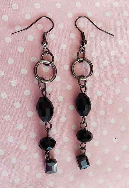 Earrings, Black Crystal Beads, Black Nickel Findings+Ear Hooks, 70mm