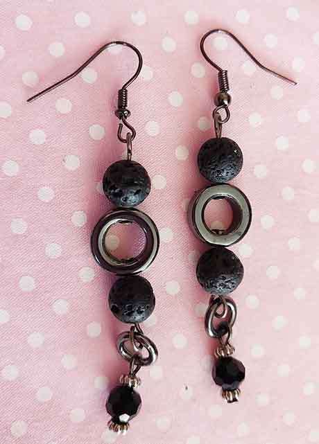 Earrings, Black Lava And Black Crystal Beads, Black Nickel Findings+Ear Hooks, 68mm