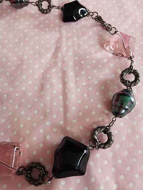 Necklace, Black Shell Pearls+Black+Pink Crystal Beads, Black Nickel Findings, Toggle Clasp, 60cm