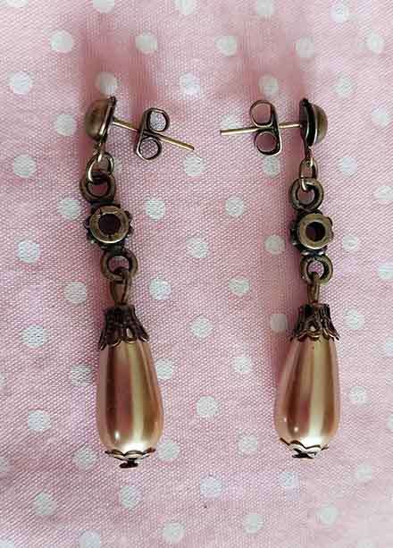 Earrings, Light Brown Glass Pearls, Bronze Findings And Ear Studs, 42mm, 2pc
