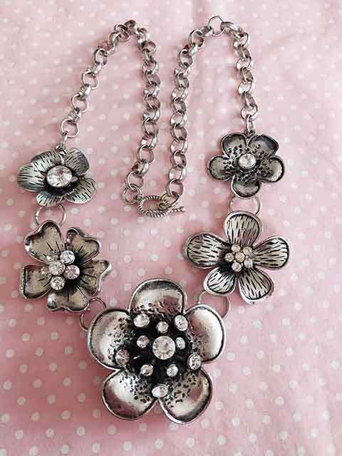 Burtell Necklace, Nickel Flowers With Clear Rhinestones, Nickel Rolo Chain, Toggle Clasp, 46cm