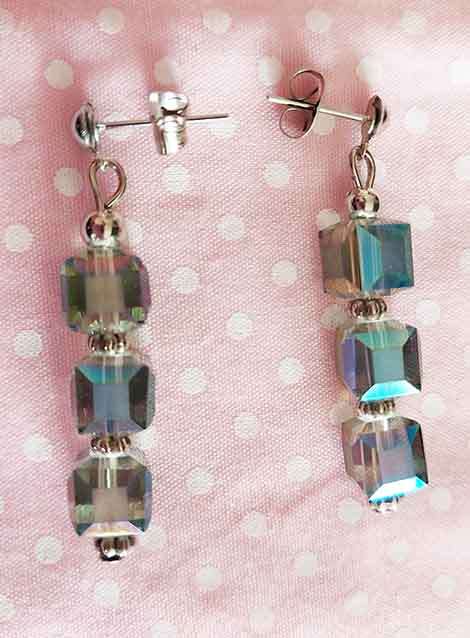 Earrings, Green AB Crystal Cubes, Nickel Findings+Ear Studs, 39mm