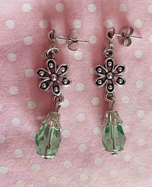Earrings, Green Crystal Teardrops, Nickel Findings+Ear Studs, 40mm