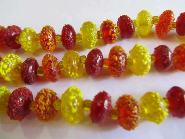 Glass Beads, Fancy, Sugar Beads, Rondelle, Yellow, Orange, Red, 7mm x 12mm, ±14pc