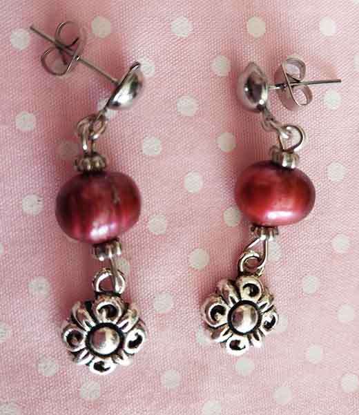 Earrings, Maroon Freshwater Pearls, Nickel Findings And Ear Studs, 37mm