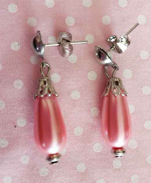 Earrings, Pink Teardrop Glass Pearls, Nickel Findings And Ear Studs, 30mm