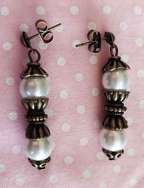 Earrings, White Glass Pearls, Bronze Findings And Ear Studs, 37mm