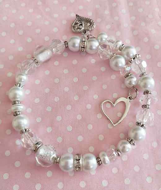 Bracelet, White Glass Pearls And Foil Beads+Clear Crystal Beads, Nickel Findings On Memory Wire