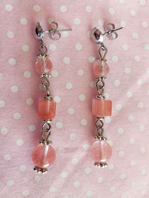 Earrings, Cherry Quartz Semi-Precious Beads, Nickel Findings And Ear Studs, 51mm