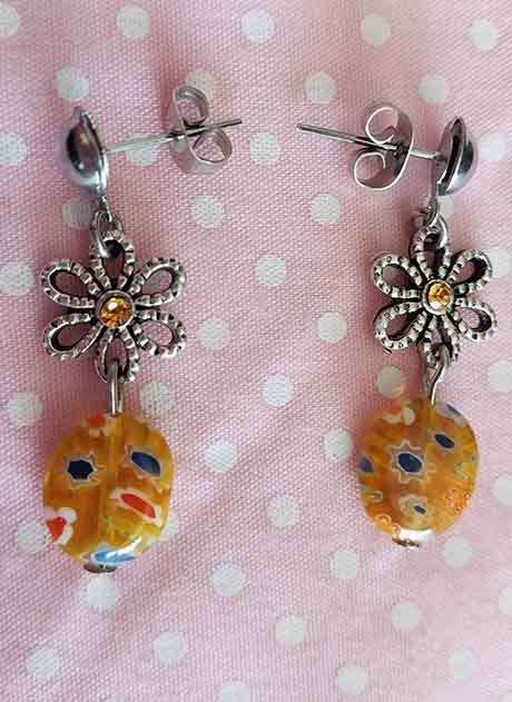 Earrings, Yellow Millifiari Beads, Nickel Connectors+Yellow Rhinestones, Nickel Ear Studs,  36mm