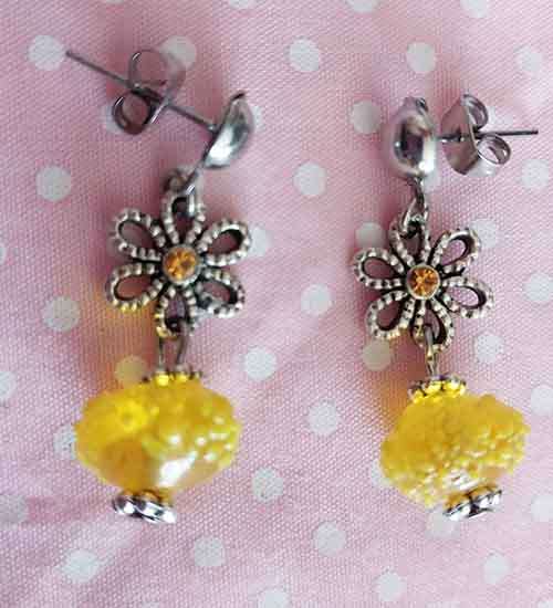 Earrings, Yellow Sugar Beads, Nickel Flower+Yellow Rhinestones, Nickel Ear Studs,  34mm
