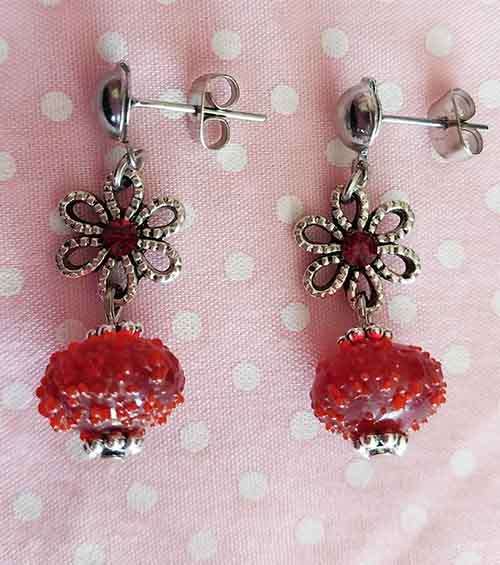 Earrings, Red Sugar Beads, Nickel Flower+Red Rhinestones, Nickel Ear Studs,  34mm