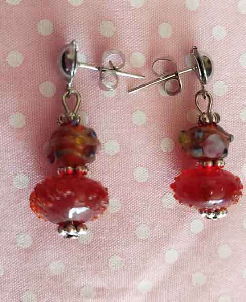 Earrings, Red Sugar Beads+Wedding Cake Beads, Nickel Findings And Nickel Ear Studs,  25mm