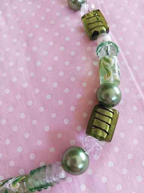 Necklace, Green Foil+Green Indian Beads+GreenCrystal Beads, Nickel Findings, Lobster Clasp, 50cm+5cm