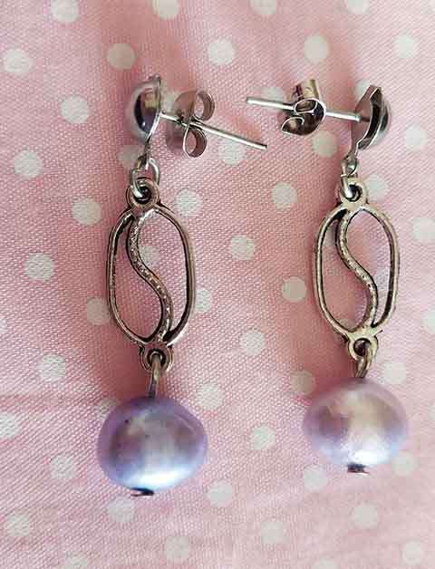 Earrings, Lilac Freshwater Pearls, Nickel Findings And Ear Studs, 38mm