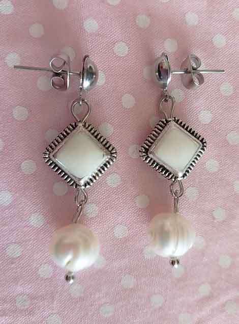 Earrings, White Freshwater Pearls, Nickel Findings And Ear Studs, 39mm