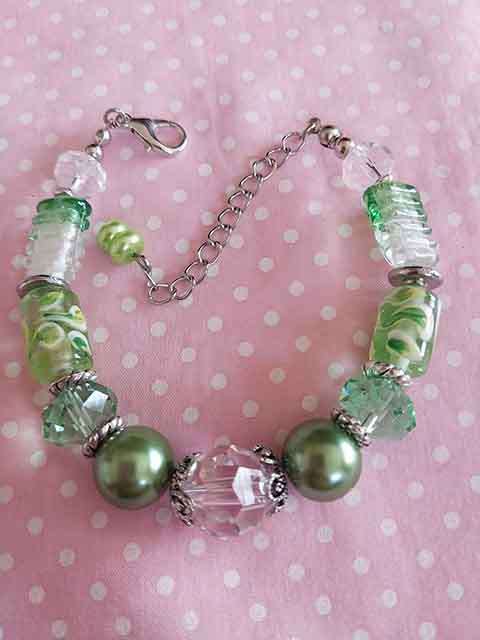 Bracelet, Green Indian, Crystal And Foil Beads+Clear Cr, Nickel Findings, Lobster Clasp, 18.5cm+5cm