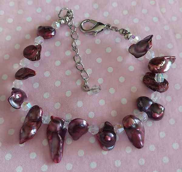 Bracelet, Maroon Freshwater Pearls+Clear Crystal Beads, Nickel Findings, Lobster Clasp, 18cm+5cm