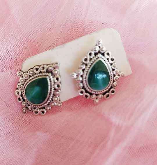 Earrings, Teardrop Shape Studs With Green Centre, Nickel Findings And Nickel Ear Studs,  14mm Dia