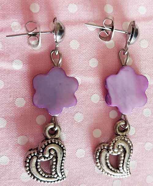 Earrings, Purple Shell Beads, Nickel Findings And Ear Studs, 43mm, 2pc