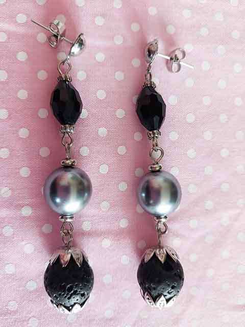 Earrings, Dark Grey Glass Pearls+Black Crystal+Black Lava , Nickel Findings And Ear Studs, 69mm, 2pc