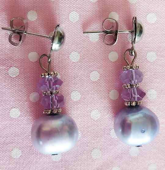 Earrings, Lilac Freshwater Pearls+Crystal Beads, Nickel Findings And Ear Studs, 29mm, 2pc