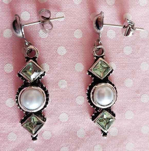 Earrings, White Faux Pearl+Green Rhinestones, Nickel Findings And Ear Studs, 37mm, 2pc