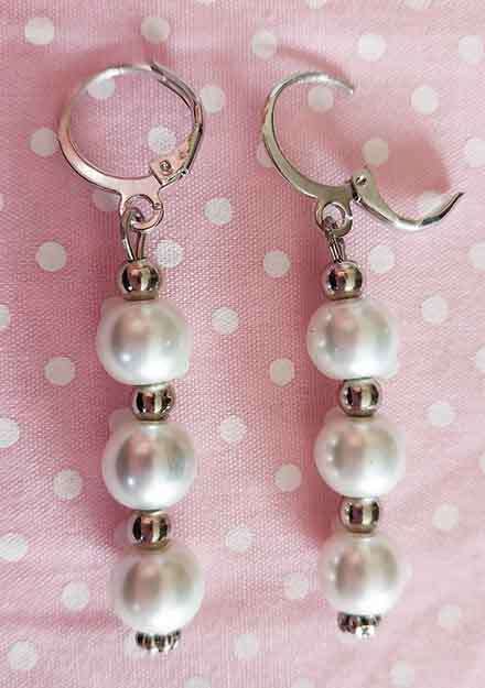 Earrings, White Glass Pearl, Nickel Findings And Ear Hoops, 50mm, 2pc