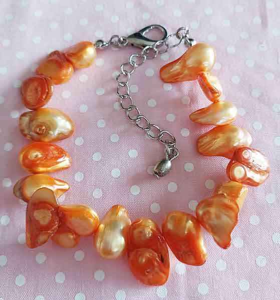 Bracelet, Orange Freshwater Pearls, Nickel Findings, Lobster Clasp, 18cm+5cm