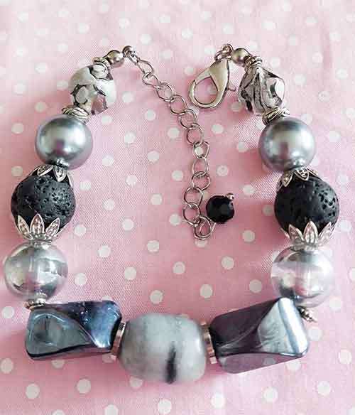 Bracelet, Dark Grey Glass Pearls+Black&Grey Semi-Precio , Nickel Findings, Lobster Clasp, 18.5cm+5cm