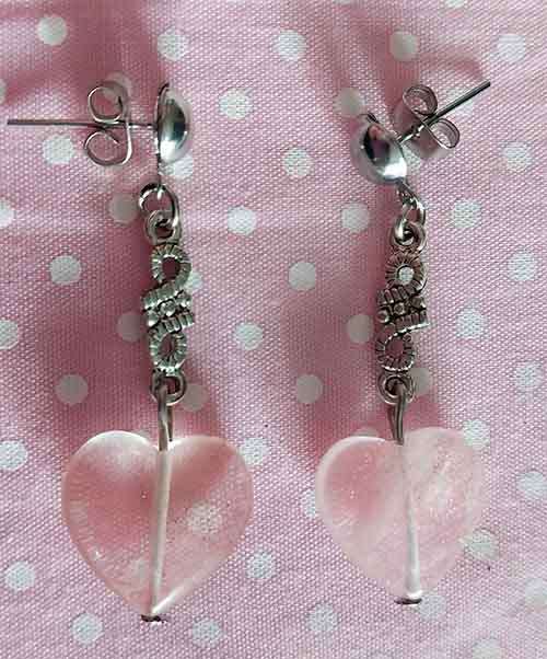 Earrings, Cherry Quartz Semi-Precious Hearts, Nickel Findings And Ear Studs, 42mm