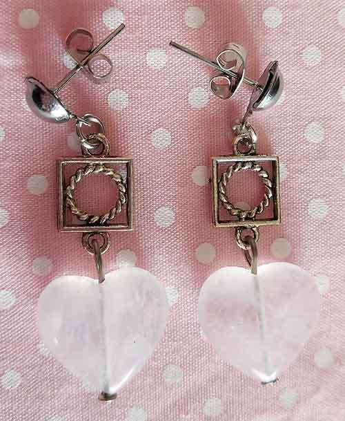 Earrings, Light Pink Rose Quartz Hearts, Nickel Findings And Ear Studs, 40mm