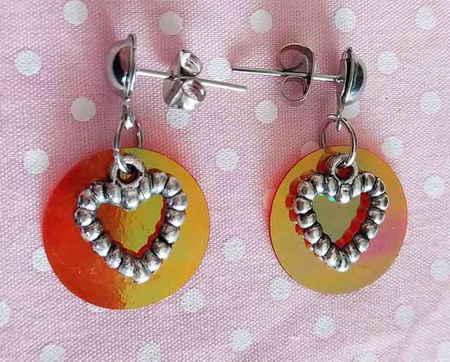 Earrings, Nickel Hearts With Red Discs, Nickel Findings And Ear Studs,  25mm