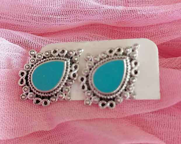 Earrings, Turquoise Centres, Teardrop Shape, Nickel Ear Studs,  15mm x 12mm, 2pc
