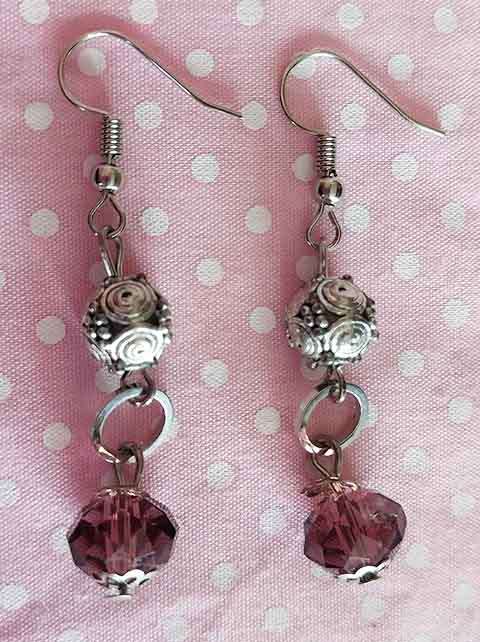 Earrings, Purple Crystal Beads, Nickel Findings+Ear Hooks, 50mm, 2pc