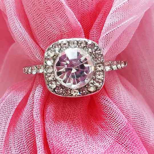 Riza Ring, Ring With Clear Rhinestones, Nickel, Ring Size 16.8mm, Top Width 10mm, Adjustable, 1pc