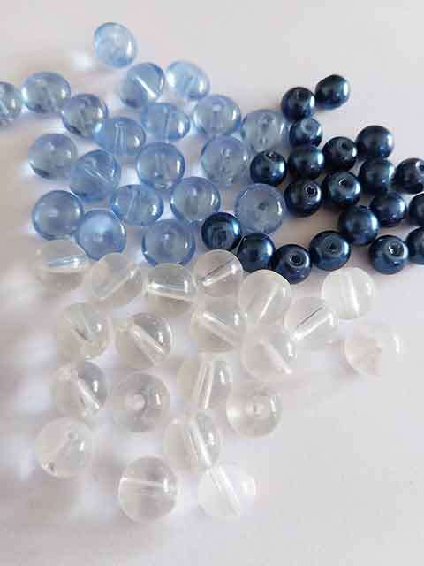 Glass Beads, Mixed, Blue + Blue + Clear, Round + Flatround, 6mm, 8mm, 6mm x 8mm, 3 x 20pc