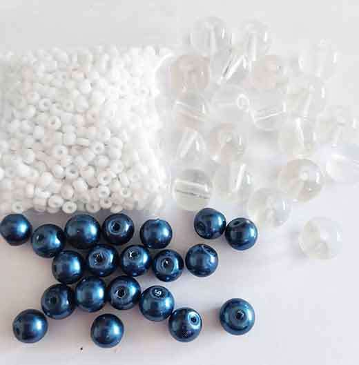 Glass Beads, Mixed, Blue + Clear + White, Round + Seedbeads, 6mm, 8mm, 8/0, 2 x 20pc