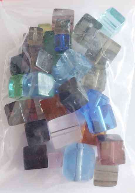Glass Beads, Mixed Colours +Sizes, Cubes, ±30pc