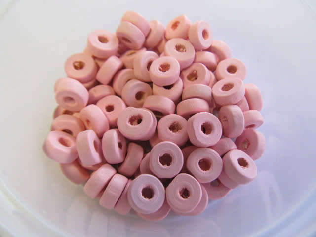 Wooden Beads, Disc, Pink, 4mm x 8mm, ±50pc