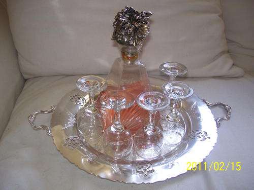Silver Plated tray 5 cherry glasses and a small decanter