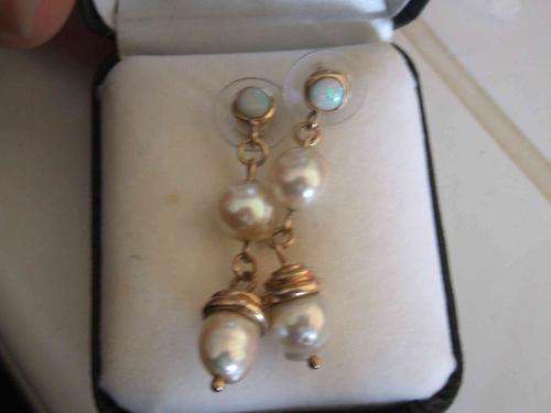 Gold Earrings with Round Natural Opal & Off-white pearls