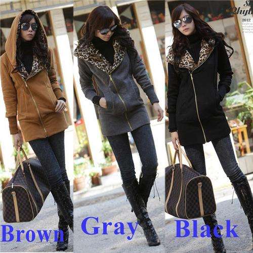 New Women's Long Sleeve Leopard Jacket: Outerwear Casual Zipper Hoodie