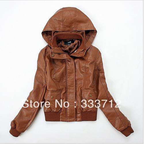 Women's PU water washed brown leather jacket