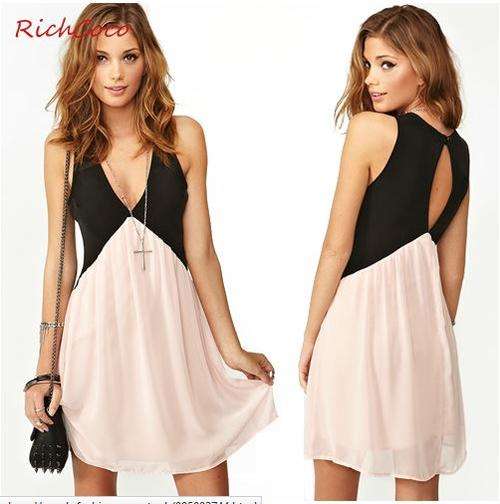 Women's Chiffon Dress with Hollow Out Panelled Patchwork deep V-neck Fashion Dress