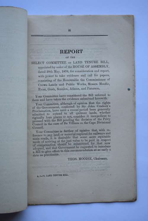 Report of the Select Committee Appointed to Consider and Report on Land Tenure Bill.